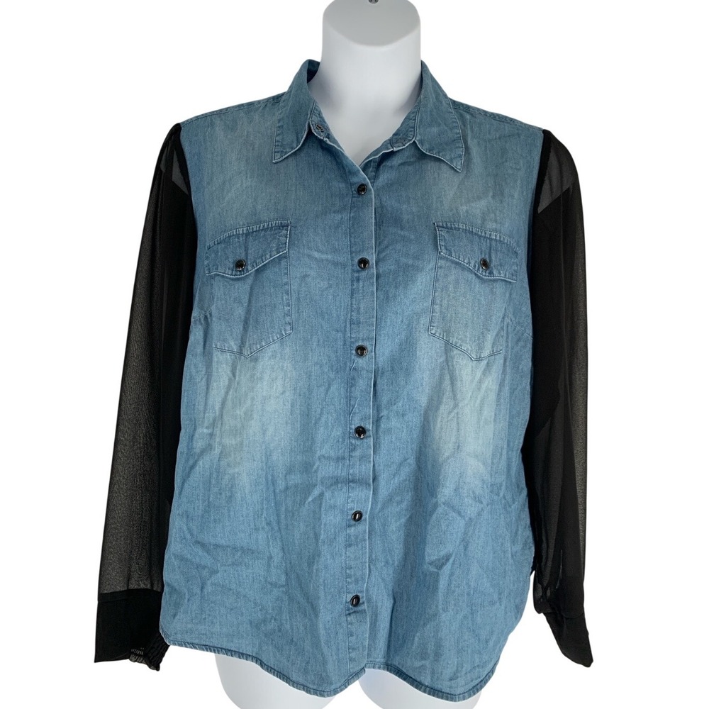 Style & Co Denim Black Sheer Sleeve Button Shirt XL Casual Edgy